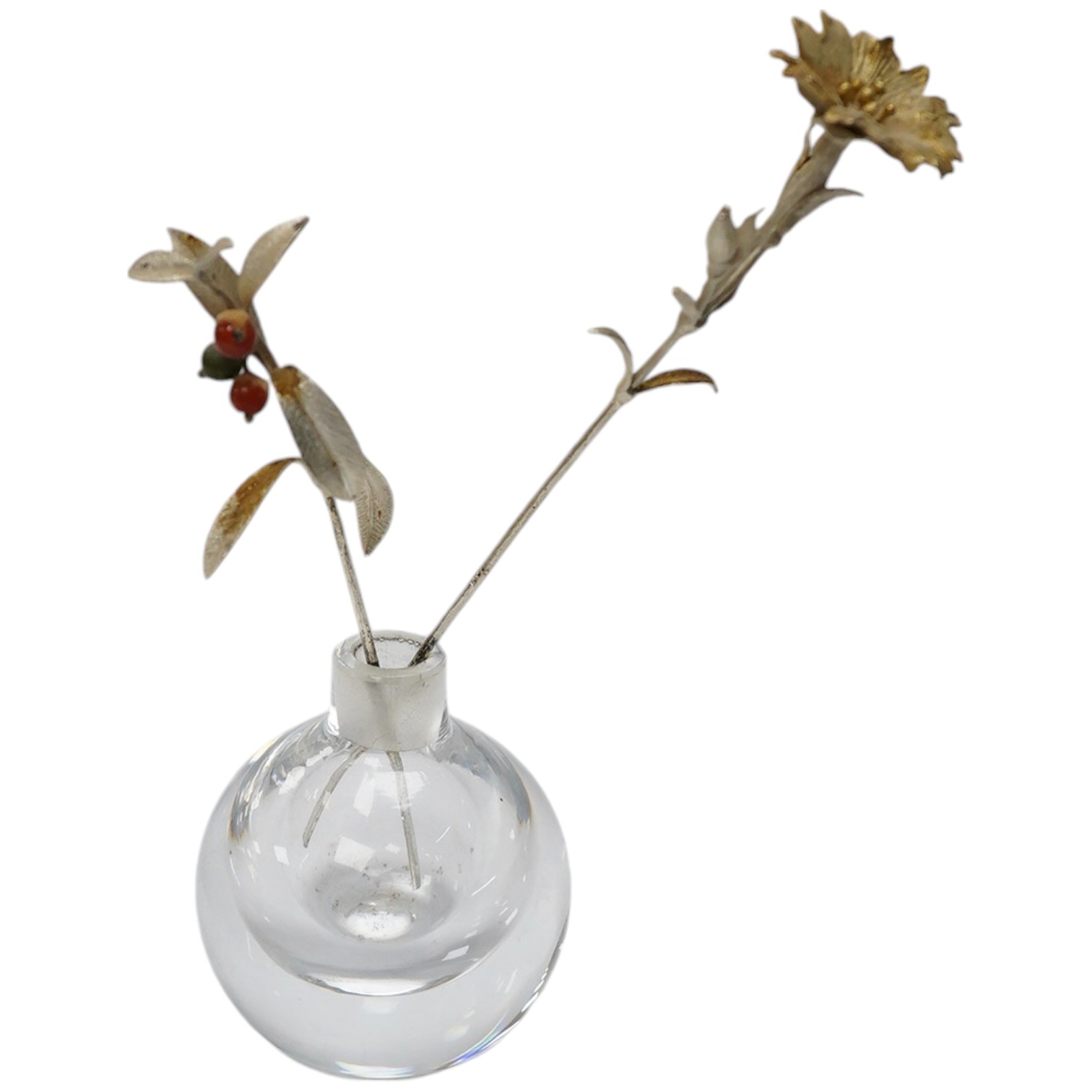 A 1980's silver gilt holly sprig and similar carnation, 15.7cm, in an Orrefors vase ornament, Condition - fair to good